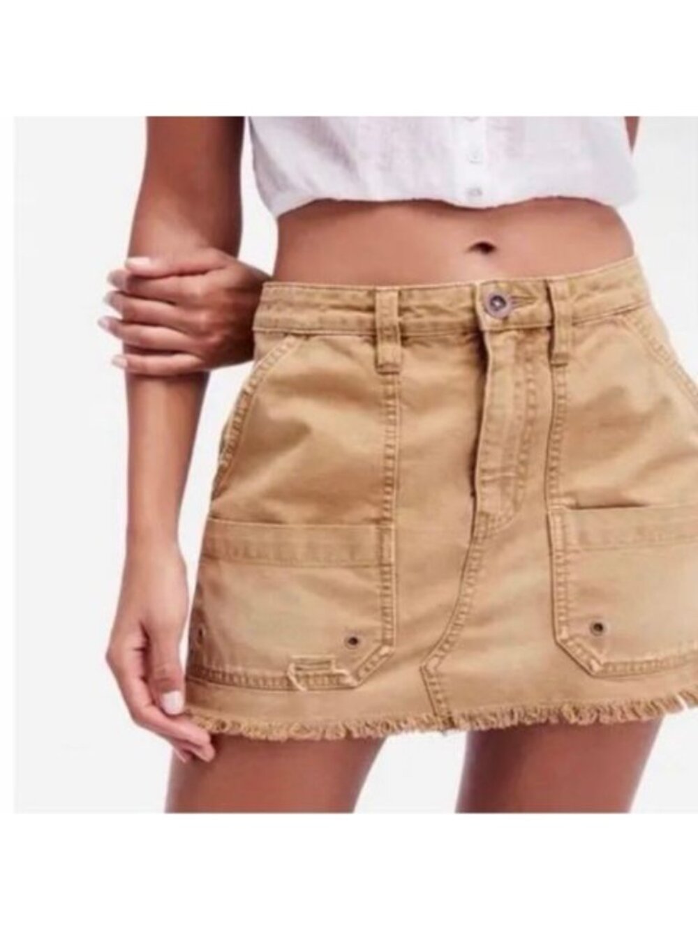 Free People Distressed Cargo Mini Skirt Tan Khaki Frayed Hem Size 26
